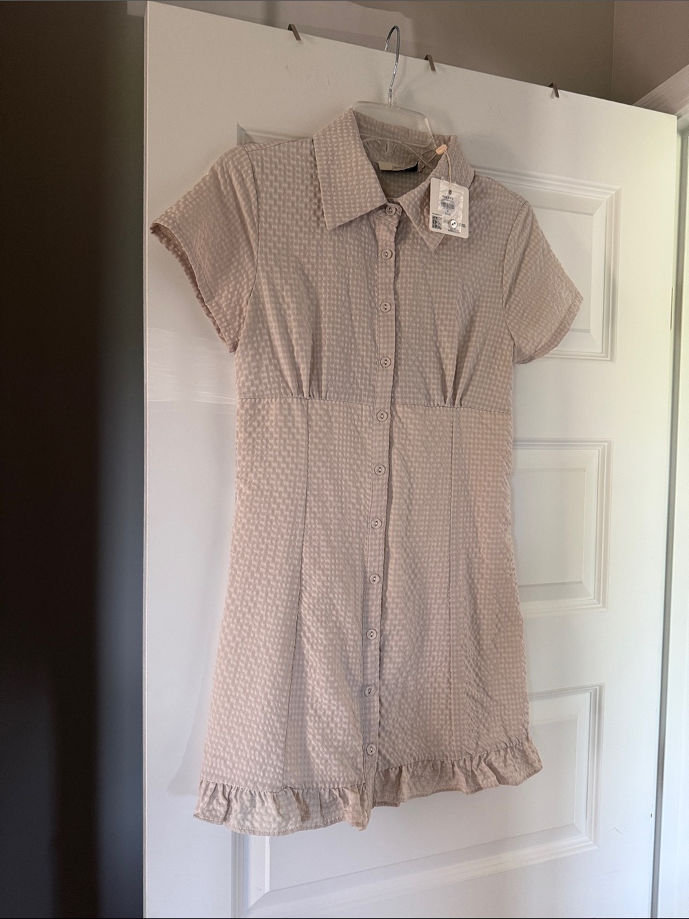 Textured Cream Button-Up Mini Dress with Ruffle Hem